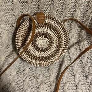 Round Woven Tan and White Crossbody Bag